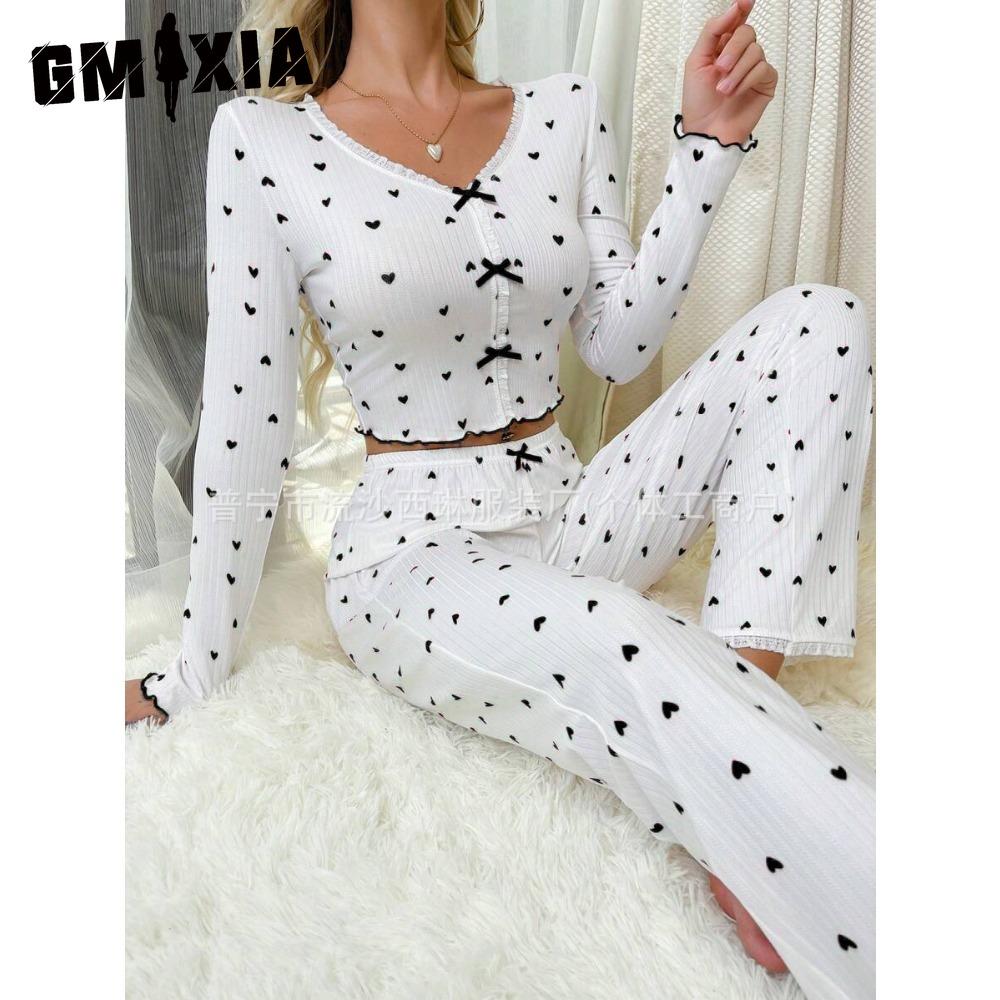 GMXIA Homewear Rolled Edge V-neck Long-sleeved Pajamas Women Can Be Worn Outside Trousers Two-piece Set