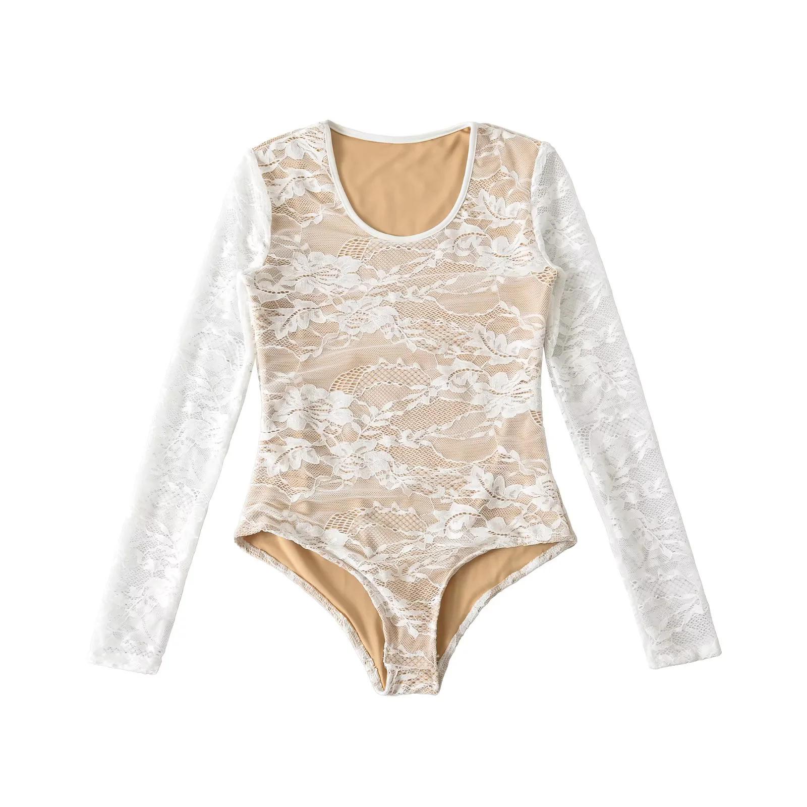 Женский двухслойный кружевной боди с тисненым кружевом и прозрачными рукавами Medium белый
