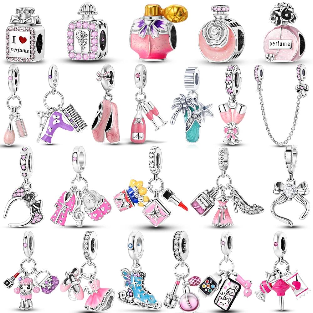 Copper Charms Fit Original Beads Bow Perfume Bottle Pink Charms For Women Fine Diy Birthday Jewelry Gifts