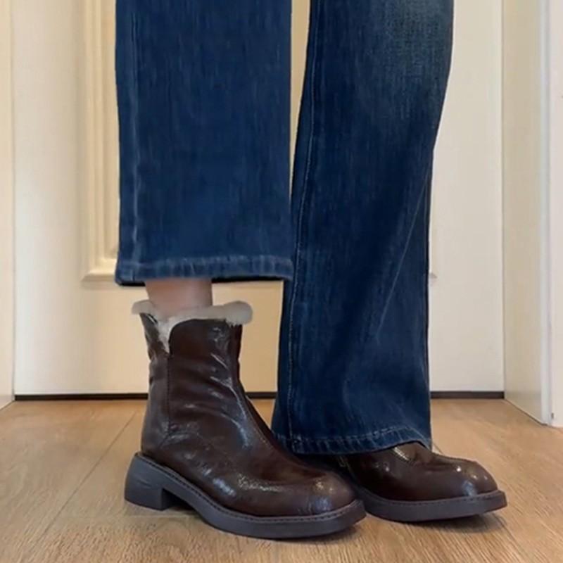 Leather Coarse Heel Snow Boots Women's 2025 New Winter Martin Boots Northeast Boots Thick Velvet Cotton Shoes High Heel Short Boots