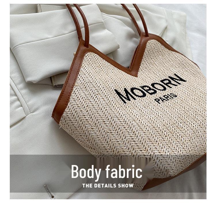 2025 Snygg Strandväska i Halm för Resor för Kvinnor: Mångsidig flätad axelväska