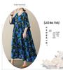 Blue Floral Cotton Linen Plus Size A-Line Dress - Summer 2023, Short Sleeve, Loose Fit