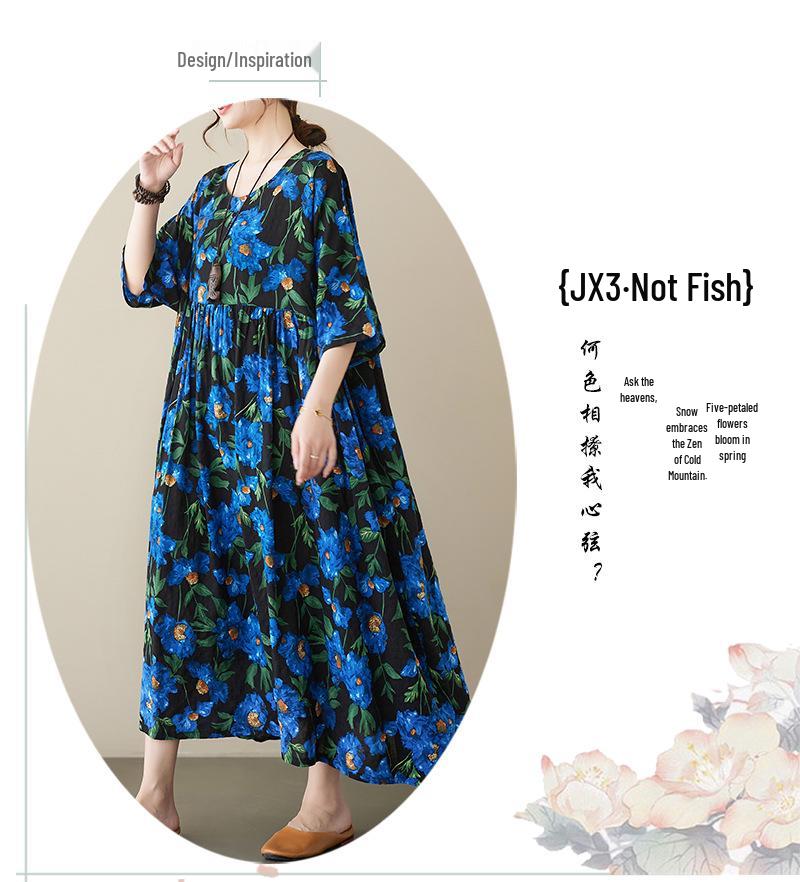 Blue Floral Cotton Linen Plus Size A-Line Dress - Summer 2023, Short Sleeve, Loose Fit