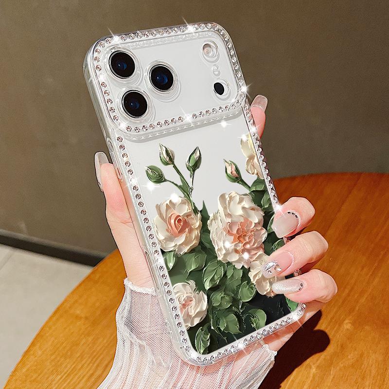 Flower Print Shockproof TPU Case For iPhone 17 Pro Max 16e 16 15 14 13 15 Pro 17 TPU Bling Diamond Soft Silicone Phone Cover