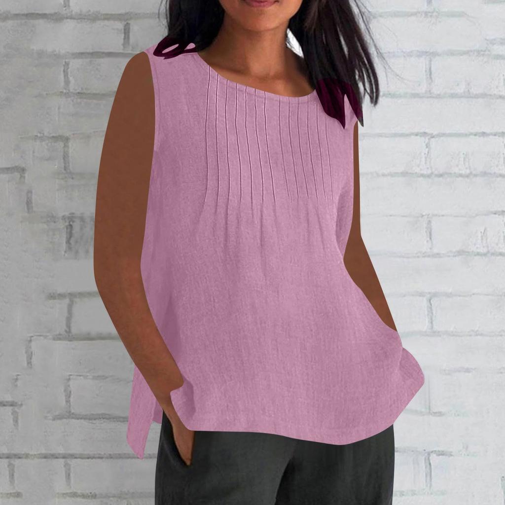 Women's Fashionable And Casual Sleeveless Vest Solid-color Cotton And Linen Pleated Sleeveless Top T-shirt