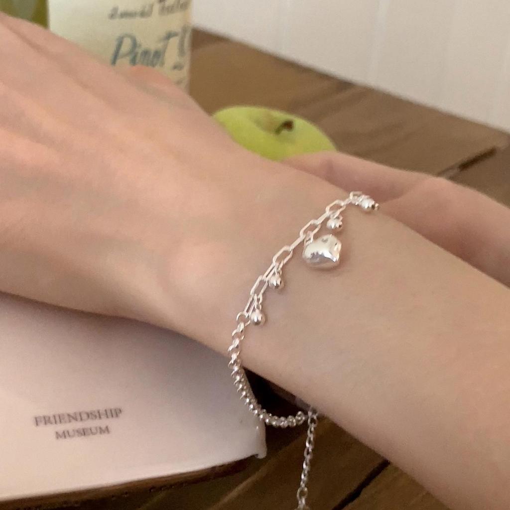 Korean S925 Sterling Silver Heart & Round Bead Bracelet for Women - Elegant, Simple, High-End Design