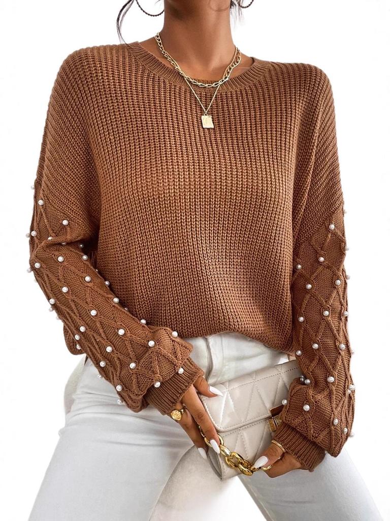 2025 Women's Winter Beaded Round-Neck Sweater - European & American Drop Shoulder Knit Pullover