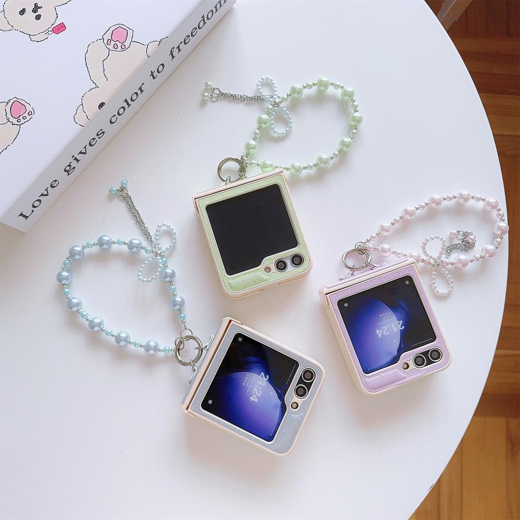 For Samsung Galaxy Z Flip7 FE 5G/Z Flip6 5G Case Hinge Protection Leather+PC Phone Cover with Beaded Phone Charm