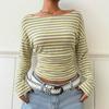 Nuova T-shirt a righe a maniche lunghe da donna, con scollo rotondo, spalle scoperte e vita stretta, top a tracolla per Europa America