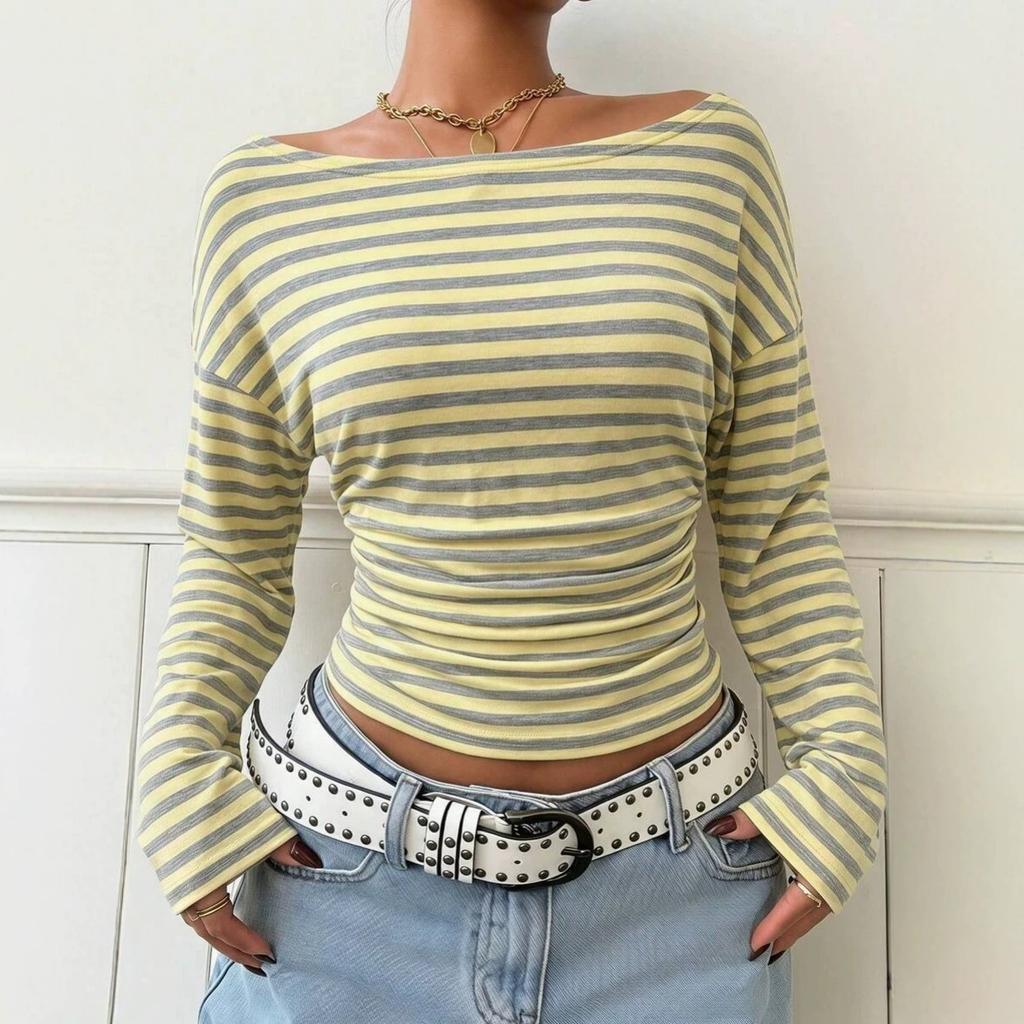 Nuova T-shirt a righe a maniche lunghe da donna, con scollo rotondo, spalle scoperte e vita stretta, top a tracolla per Europa America