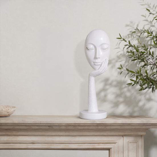 jijijing Abstract Contemplative Face Resin Sculpture, Minimalist Hand-on-Chin Bust Statue for Desk Living Room Office, Creative Art Decor Entryway