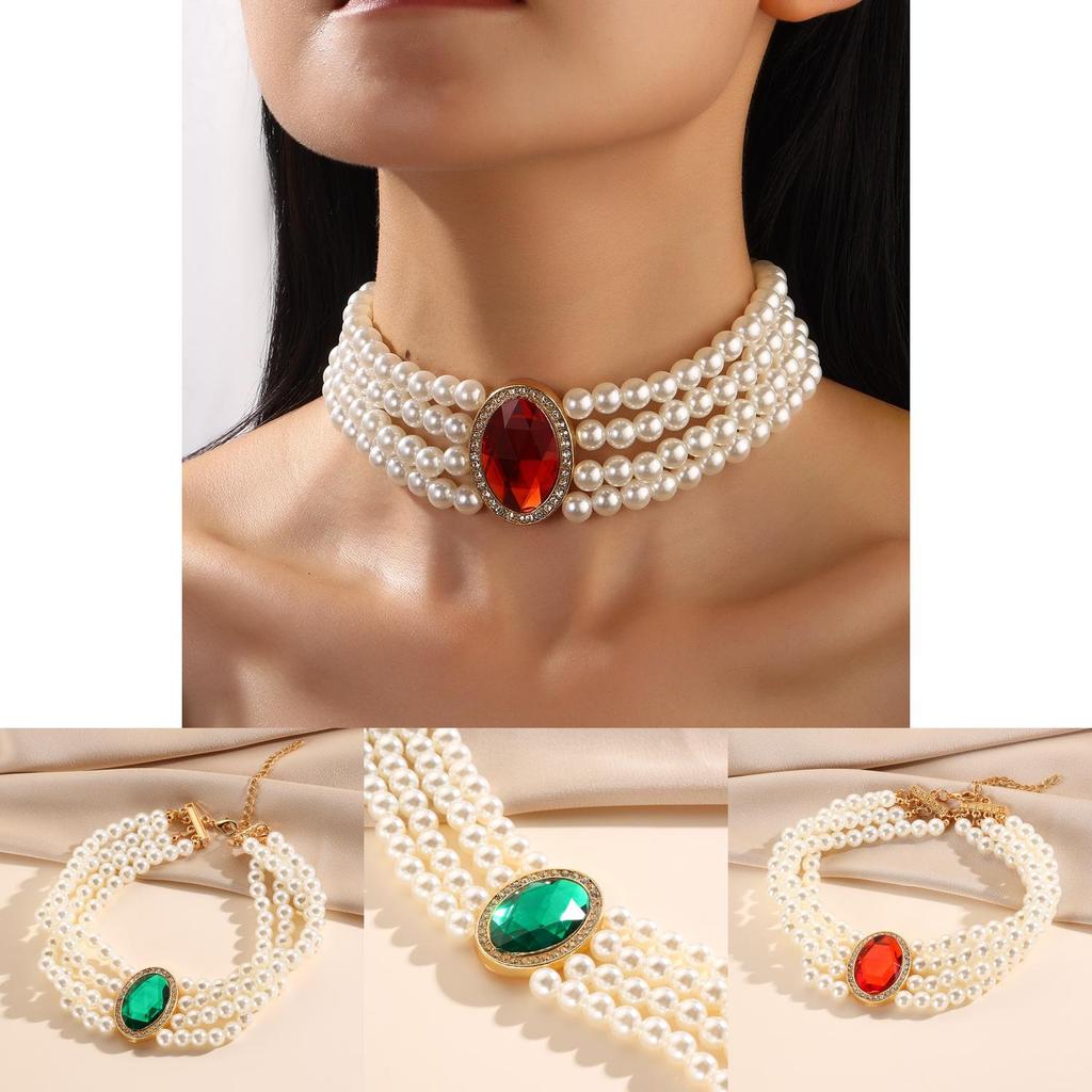 Multi Elegant Palace Layered Simulated Pearl Gemstone Necklace Accessory Neck