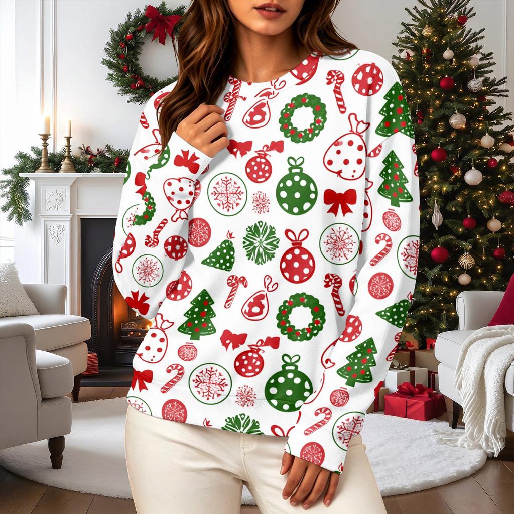 Women's Casual Long Sleeve Christmas Print Neck Pullover Sweatshirt Top