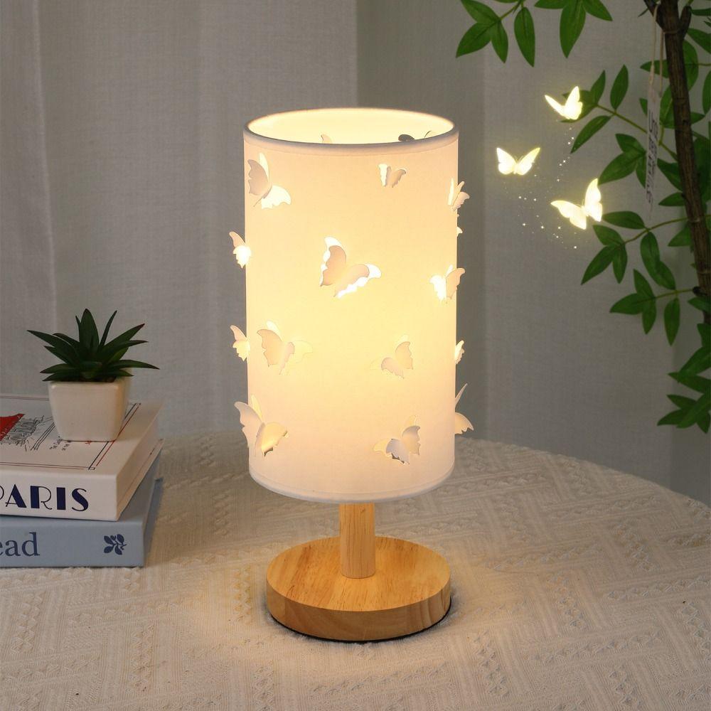 3D Butterfly Decorative Bedside Ambient Lamp Solid Wood LED Night Light Fabric Table Lamp  Dorm