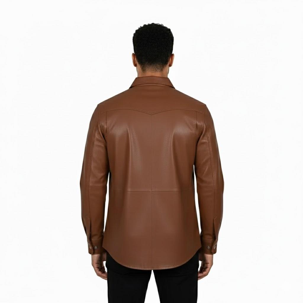 Men's Shirt Biker Fit Handmade Brown Stylish Casual Leather Real Lambskin Formal