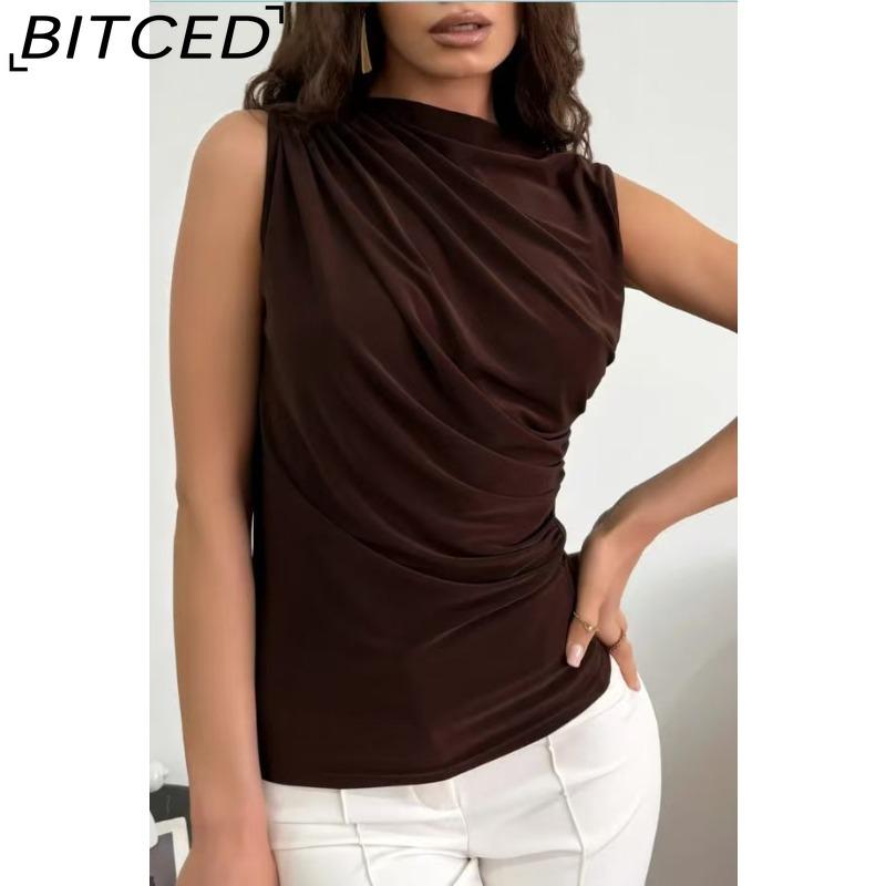BITCED Women's Spring/Summer Fashion Versatile Solid-Colour Pleated Sleeveless Pullover with Half-High Neck T-Shirt