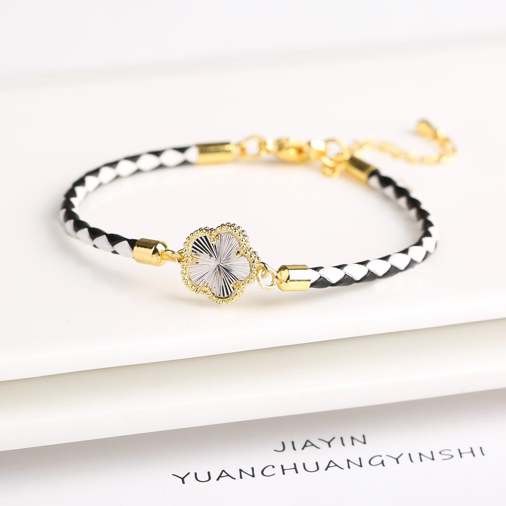 Klassisches geflochtenes Armband mit Charms aus echtem Leder und Naturstein, fünfblättrige Blume, für Damen Mädchen, Party, Hochzeit, Schmuck, Geschenk