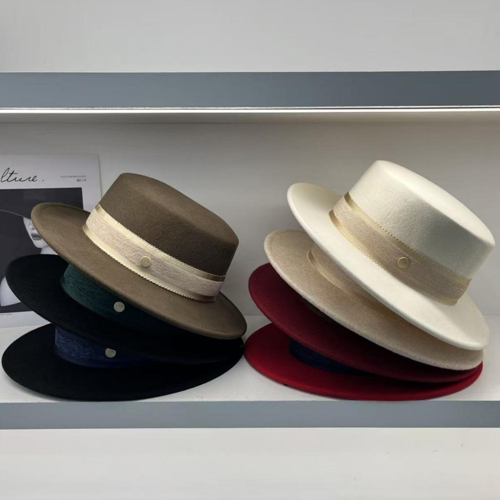 French Hepburn Style Light Luxury Versatile British Flat Top Australian Wool Top Hat Women's Autumn and Winter Outdoor Leisure Elegant Hat