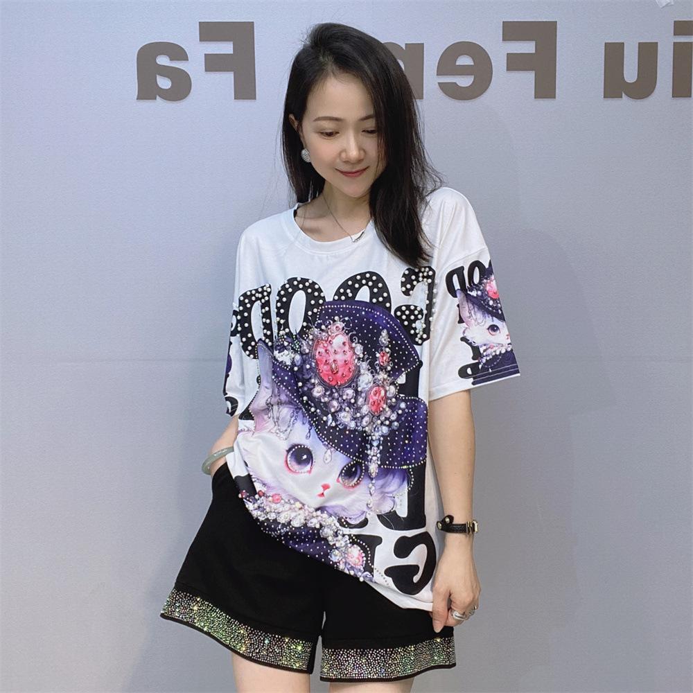Modische bedruckte T-Shirts für Damen Sommerkleidung Lässig 3D Cartoon-Muster Heiße Strassperlen Weibliche Kurzarm-Tops T-Shirt