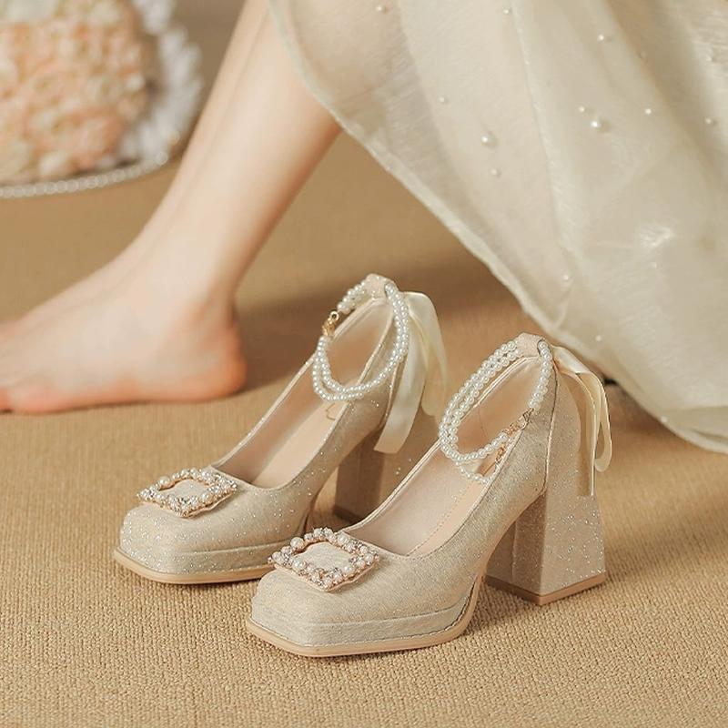 Champagne Ladies Platform High Heels 2025 Summer Female Luxurious Rhinestones Wedding Bridal Shoes Sweet Beaded Women's Pumps