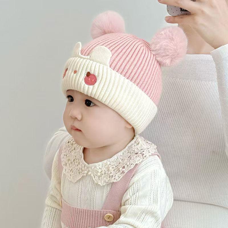 Cute Bear Knitted Baby Hat Warm Ear Protection Soft Pom Poms For Autumn Winter Daily Wear