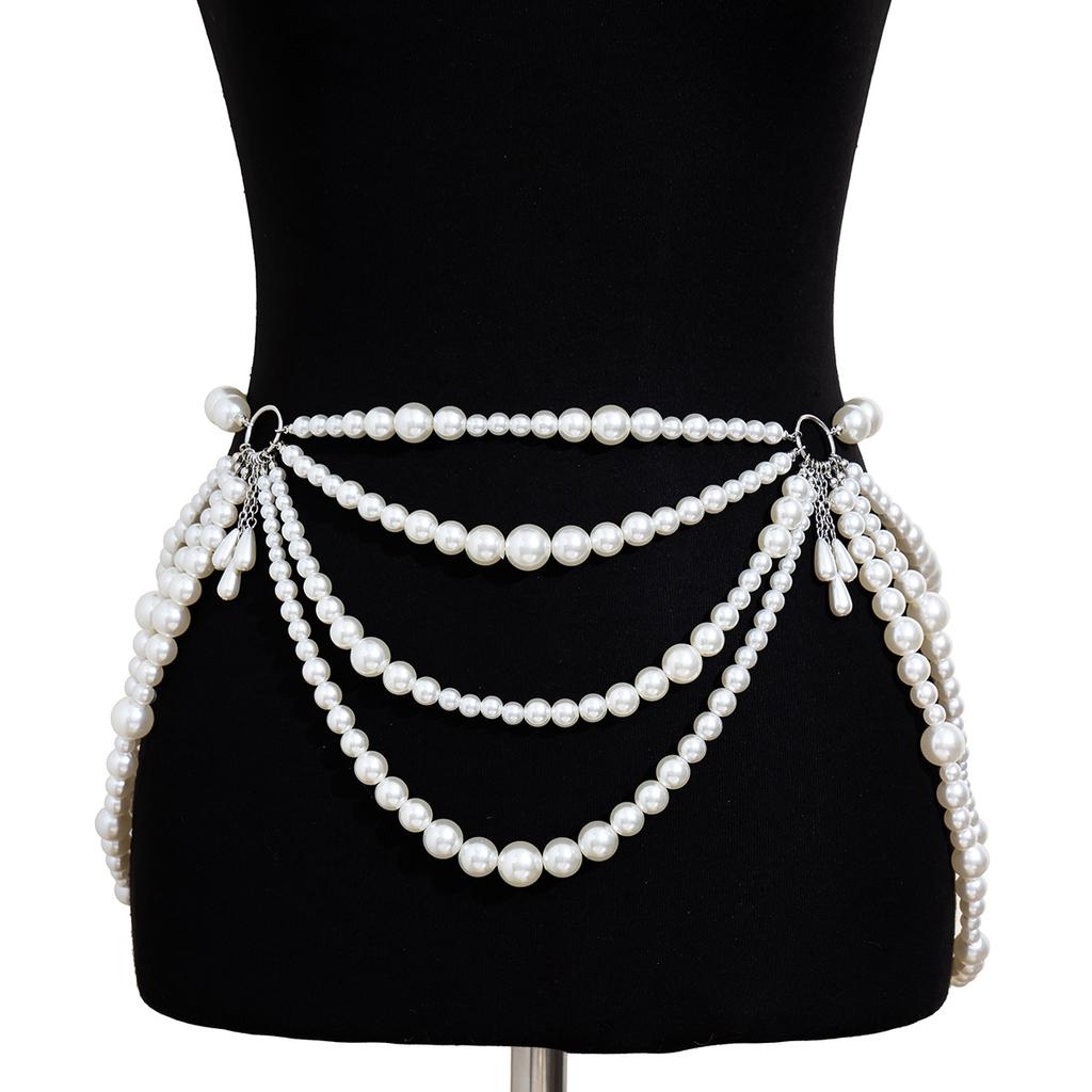 Sweet And Cool Hot Girl Imitation Pearl Hollow Tassel Ethnic Style Clothing Necklace Sexy Nightclub Style Multi-layer Body Chain For Women