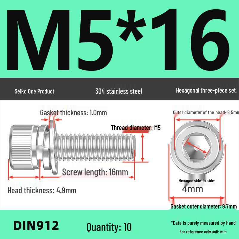 304 Stainless Steel Hex Socket Cap Screw with Washer - Sizes M3, M4, M5, M6, M8, M12