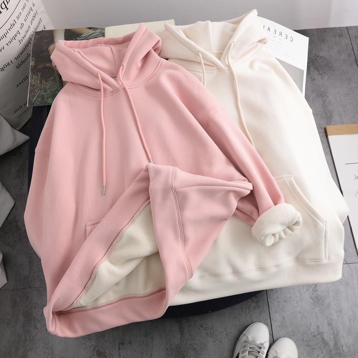

Бархатная толстовка с капюшоном для женщин, корейская свободная и универсальная толстовка с капюшоном в стиле Харадзюку, однотонная зимняя толстовка с капюшоном L розовый