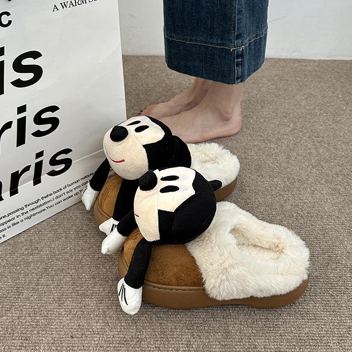 Fashion cartoon three-dimensional Mickey fluffy slippers women's 2025 autumn and winter new outer wear warm half-towed cotton slippers