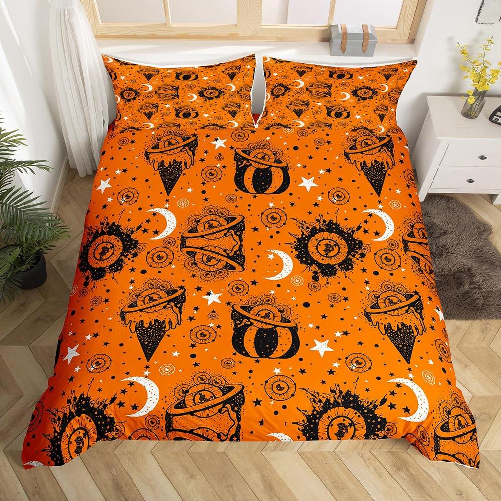 Halloween Bettbezug Zuckerschädel Kopf Bettwäsche Set Queen/Full Größe, Gruselig Erschreckende Fledermäuse Skelett Bettdeckenbezug für Teenager Jugendliche