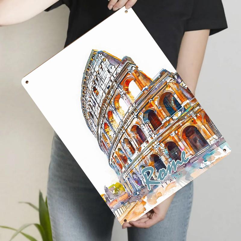 

Watercolor Style Colosseum Metal Wall Art Italian Landmark Decor for Living Room Bedroom Home Decoration 20x30cm（7.8x11.8inch）