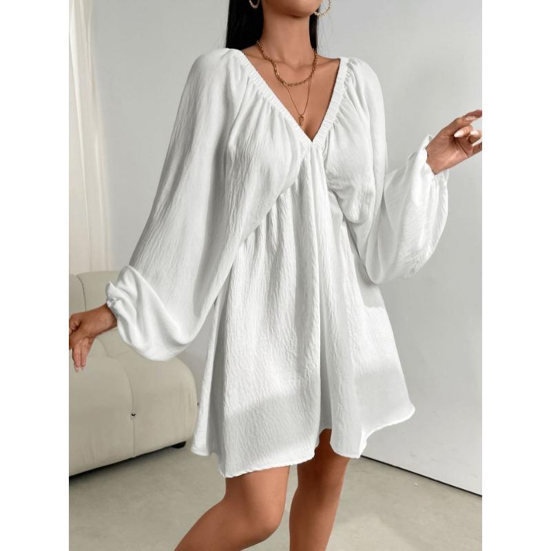 Elegant Fashion Deep V-neck Long Sleeved Women Dress Spring Summer Simple Casual Loose Sexy Solid Color A-line Party Dress Female Office Ladies
