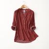 Export Tail Single Women's Clothing Minimalist Loose V Neck Cotton Silk Shirt Women's Long Sleeve Artificial Cotton Tops Rollable Sleeves Summer