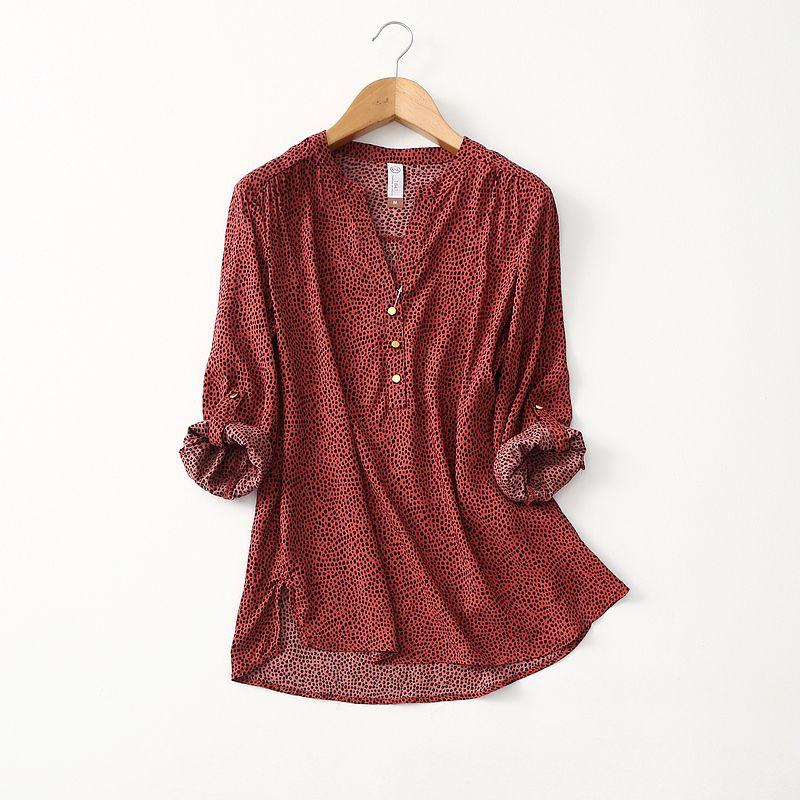 

Export Tail Single Women s Clothing Minimalist Loose V Neck Cotton Silk Shirt Women s Long Sleeve Artificial Cotton Tops Rollable Sleeves Summer Black dot on red background CH