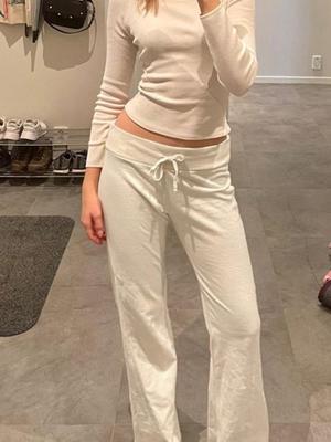 European Resort-Style Low-Waist White Knit Cropped Pants - Women's Loose, Straight Casual Fit