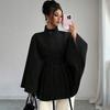Manteau Cape Élégant pour Femme en Laine Mélangée à Col Montant Ceinture à Nouer Garniture en Fourrure de Lapin Vêtement d'Hiver