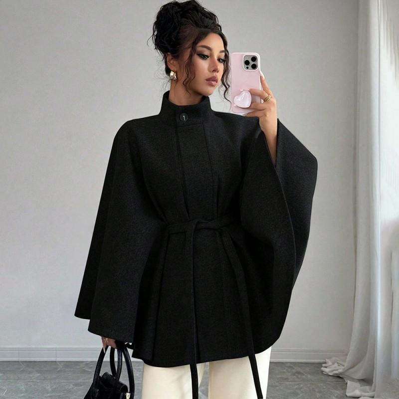Manteau Cape Élégant pour Femme en Laine Mélangée à Col Montant Ceinture à Nouer Garniture en Fourrure de Lapin Vêtement d'Hiver