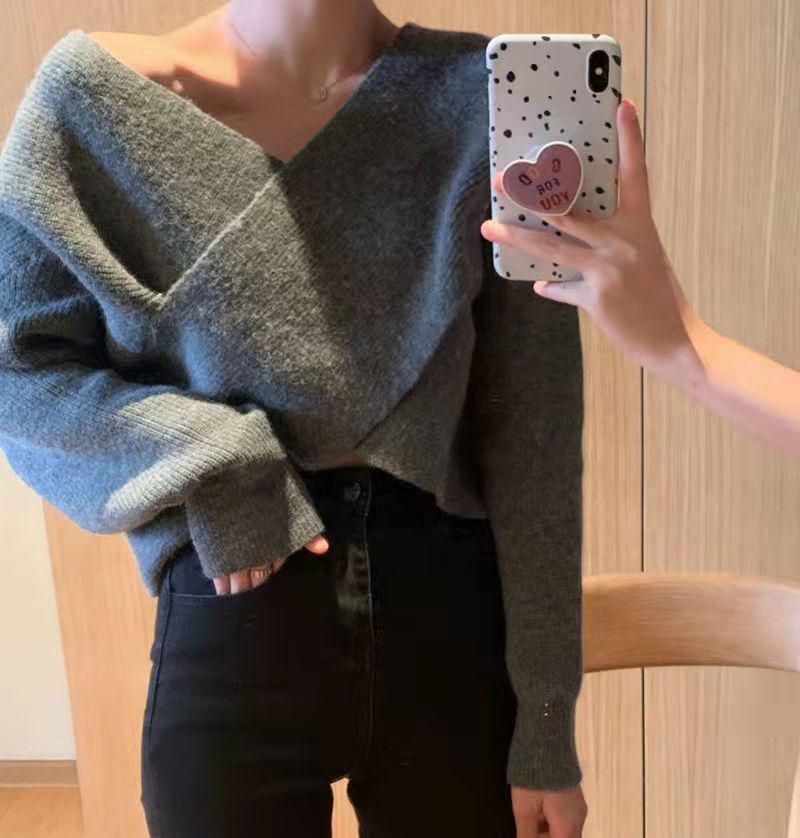 Koreanischer schicker Vintage-Strickpullover mit V-Ausschnitt und Fledermausärmeln für Damen