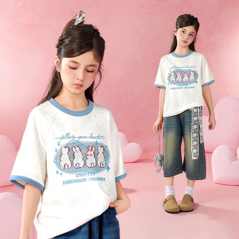 Little Tiger Patty Girls  Cartoon Color Block Rabbit Print Short Sleeve T-Shirt 130 абрикосовый