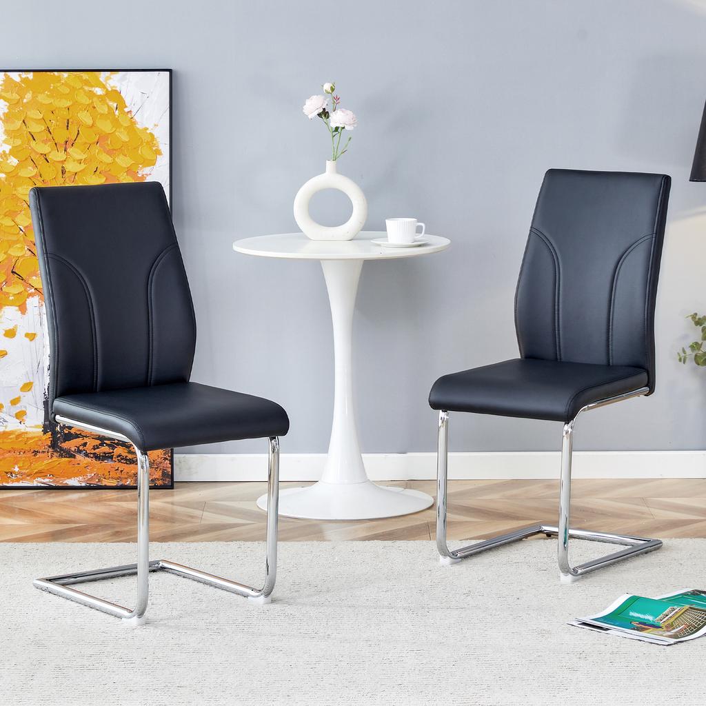 Dining Chairs, Black PU Material, Set of 2. Chair Legs, Silver Metal. Offices, Restaurants, Kitchens, Conference Rooms and Other Environments.
