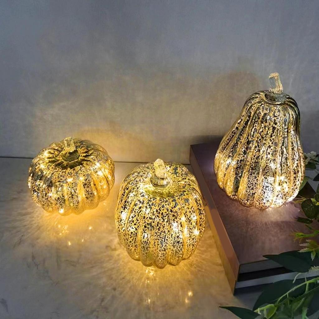 LED Glass Pumpkin Decoration with Warm Light for Fall Halloween Home Decor