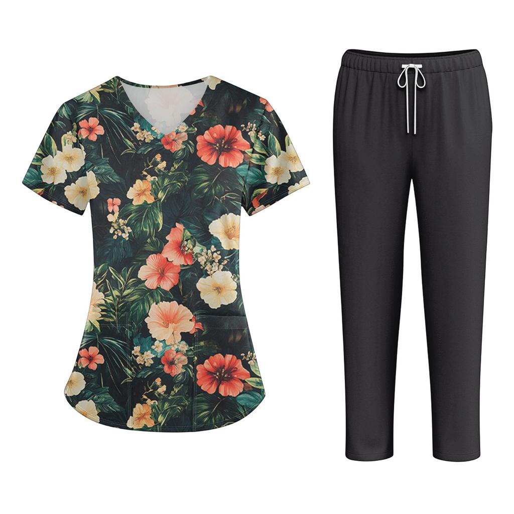Plus SizePrinted Scrub Working Uniform Tops For Women's Cross V-Neck Halloween Print Short Sleeve Fun T-Shirts Workwear Tee With Pockets