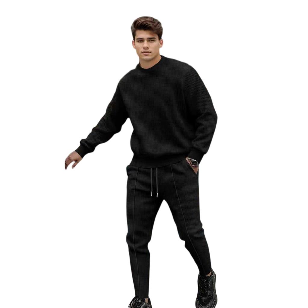 Men's Solid Color Pullover Long Sleeved Casual Sports Round Neck Top And Trousers Suit
