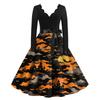 Women's Casual V Neck Long Sleeve Dress Halloween Print Fit and Flare Waist Tie Belt Knee Length Dress