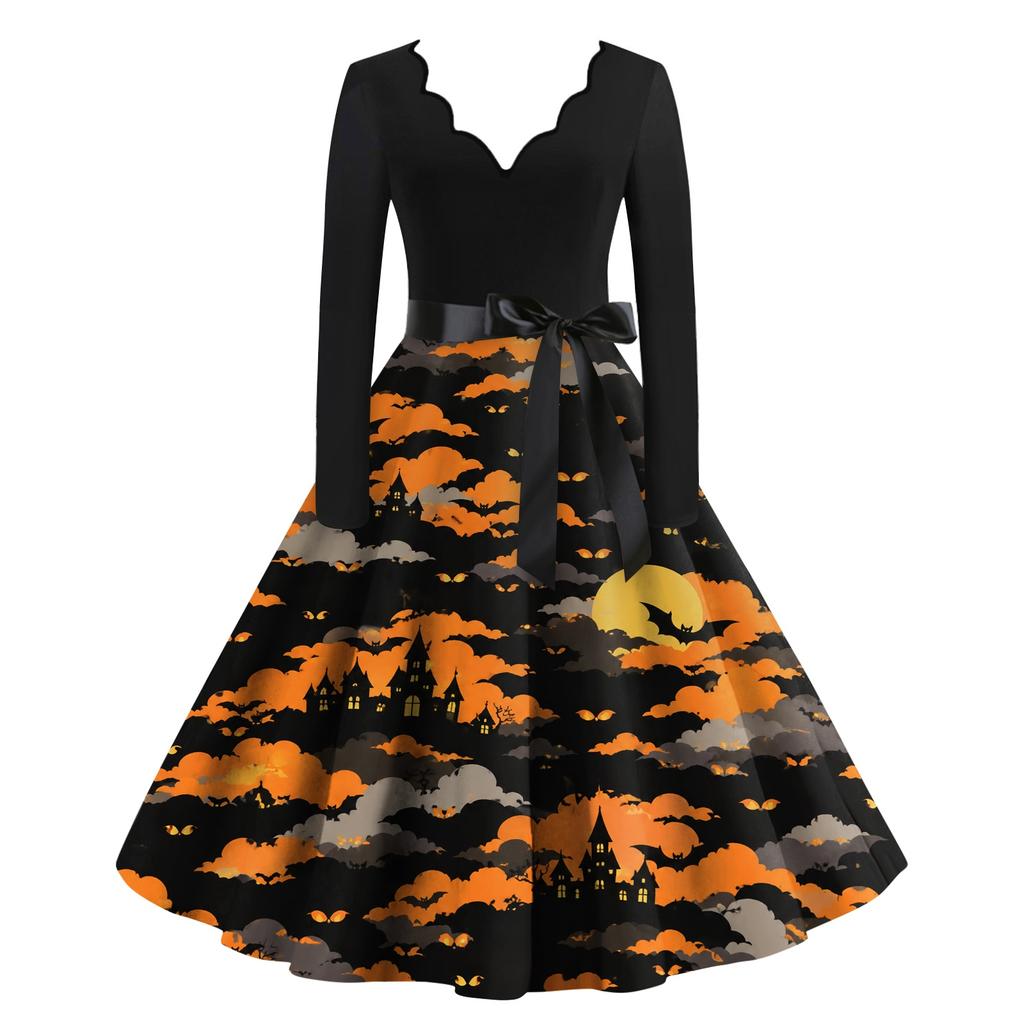 Women's Casual V Neck Long Sleeve Dress Halloween Print Fit and Flare Waist Tie Belt Knee Length Dress