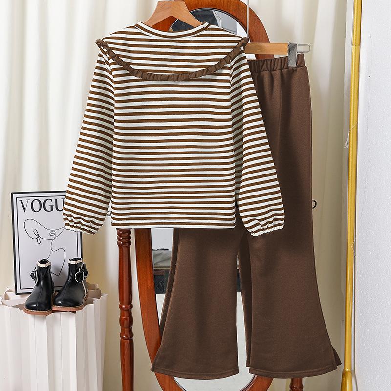 Girls' Outfit Korean Style Children's Clothing Autumn Winter New Children's Turn-Down Collar Long Sleeve Striped Sweatshirt Flared Pants Two-Piece