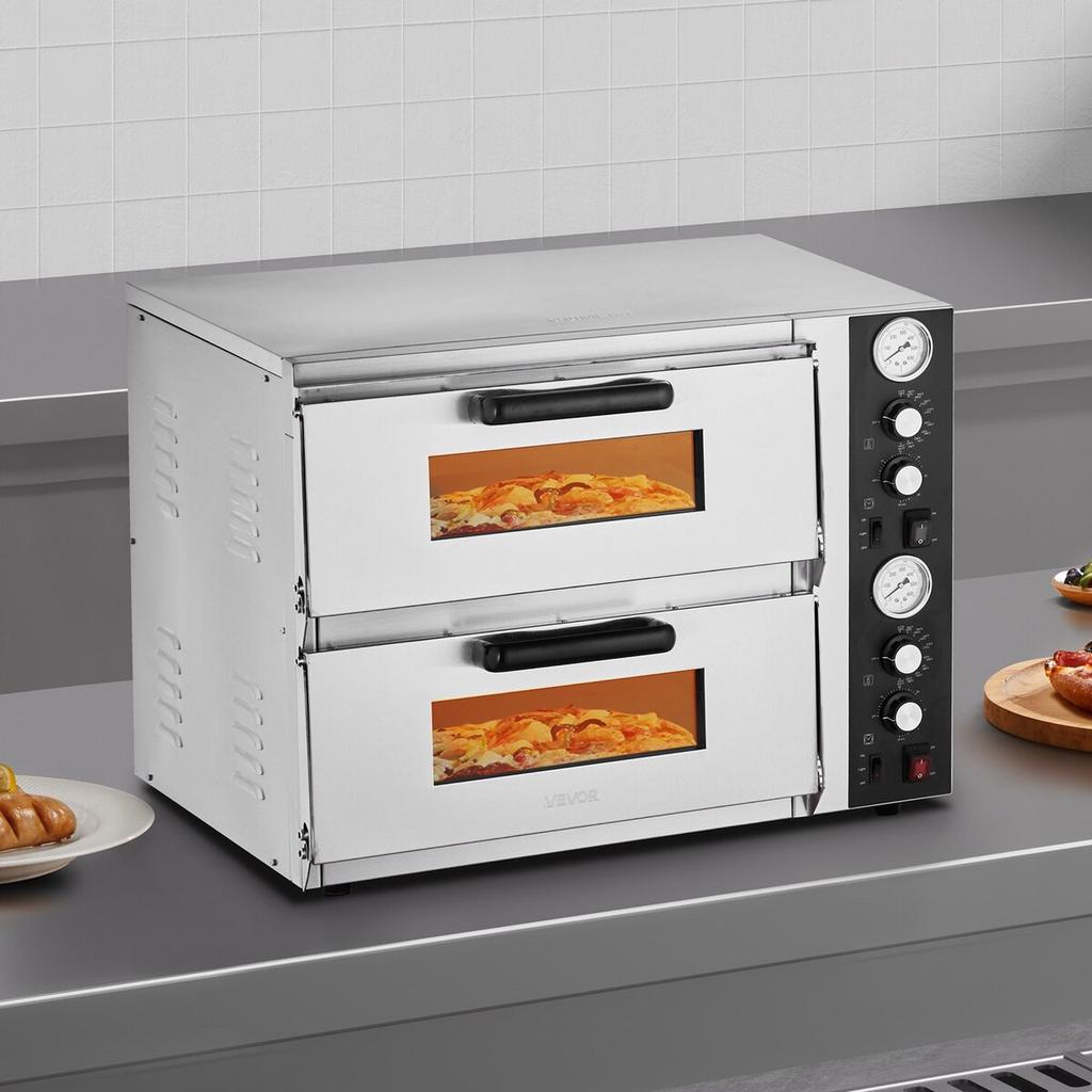 Pizza Oven Electric, 18" Double-Deck Commercial Countertop Pizza Oven, 842°F Max Temp, Indoor Pizza Maker with Thermometer, Independent Upper & Lower