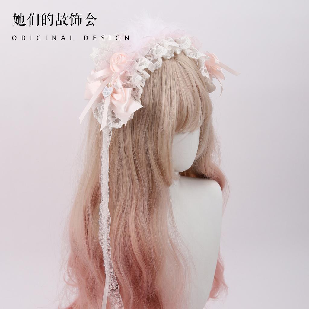 Milk Color Rose Bow Pair KC Lace Headband Handmade Small Things Sweet Lolita Accessories
