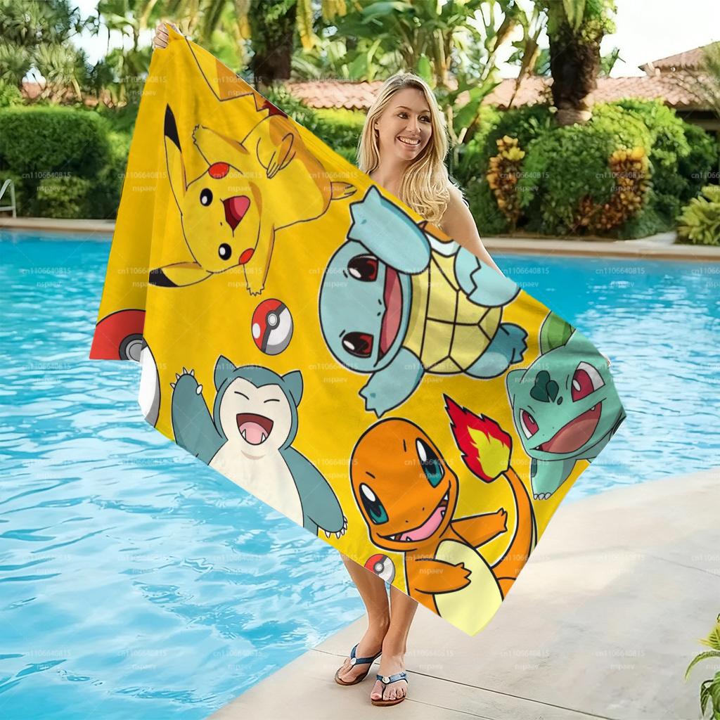 Pokemon Cartoon Beach Towel, Soft Absorbent Quick Dry Bath Towel, Cute Pikachu Charmander Print Swim Towel, Kids Gift, Flat Prin