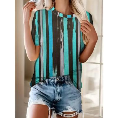 Large Sizes Beach Style Striped Print T-Shirt Casual Short Sleeve Top for Spring & Summer Women's Plus Size Clothing